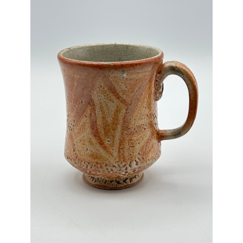 Artist Signed Studio Pottery Mug Sun Geometric Textured Salt Glaze Earth Tones